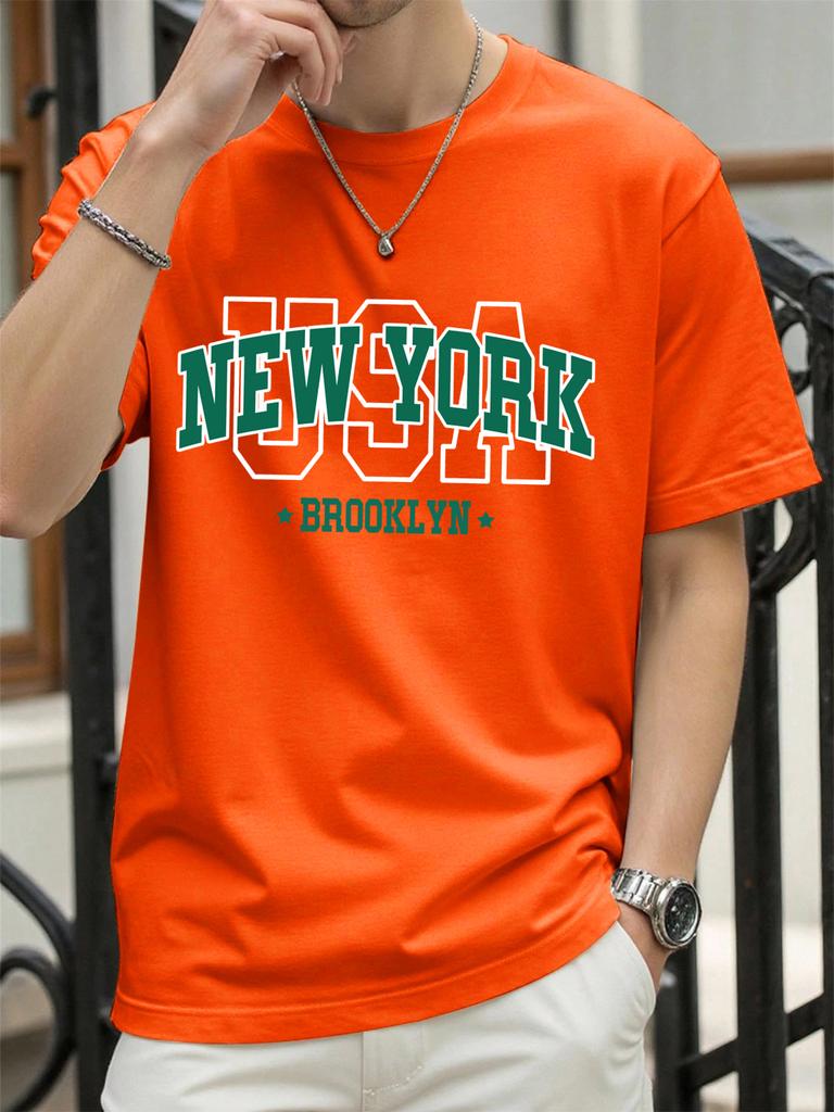 Usa New York Brookl Yn Print Mens T Shirts Hip Hop AllMatch Tops Casual Cotton Vintage Clothes Male Loose Crewneck Streetwear