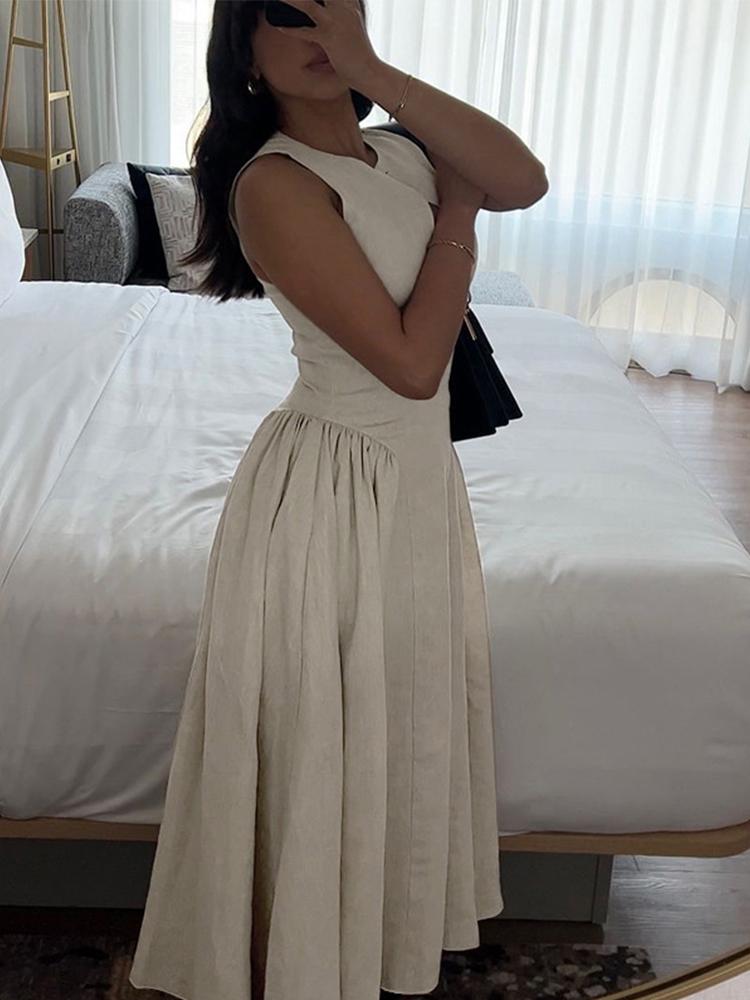 Hollow Out Pleated Single Button Lady Mid Women Dresses Sleeveless Summer A Line Female Party Robes