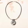 Vintage Round Leather Cord Pendant Necklace With Unique Fingerprint Design Bohemian Statement Jewelry For Women
