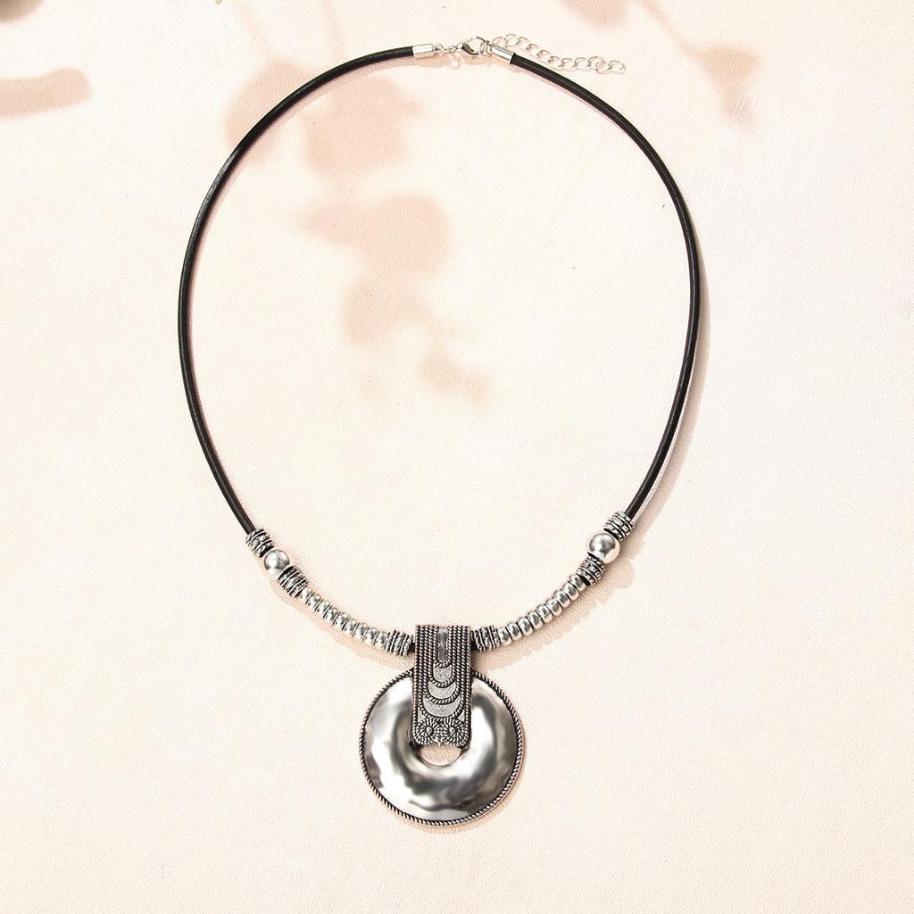 Vintage Round Leather Cord Pendant Necklace With Unique Fingerprint Design Bohemian Statement Jewelry For Women