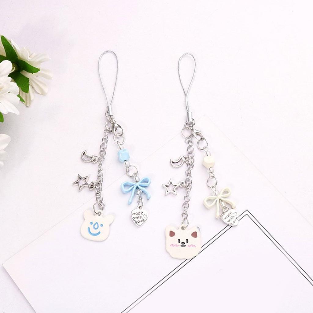 Sweet Bear Bowknot Heart Charm Pendant Chain Phone Strap Pocket Keychain Strap Hangings Decoration for Key Bag Purse
