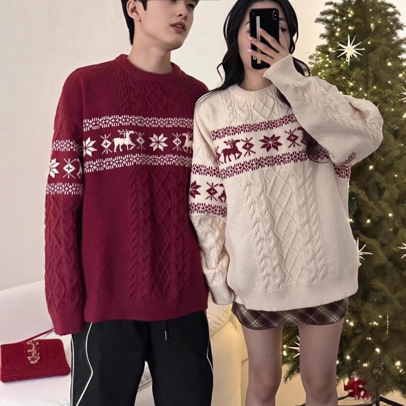 Unisex Nordischer Weihnachtsstrickpullover mit Hirschmotiv Zopfmuster Lockerer Schnitt Winterpullover Teenager Erwachsene