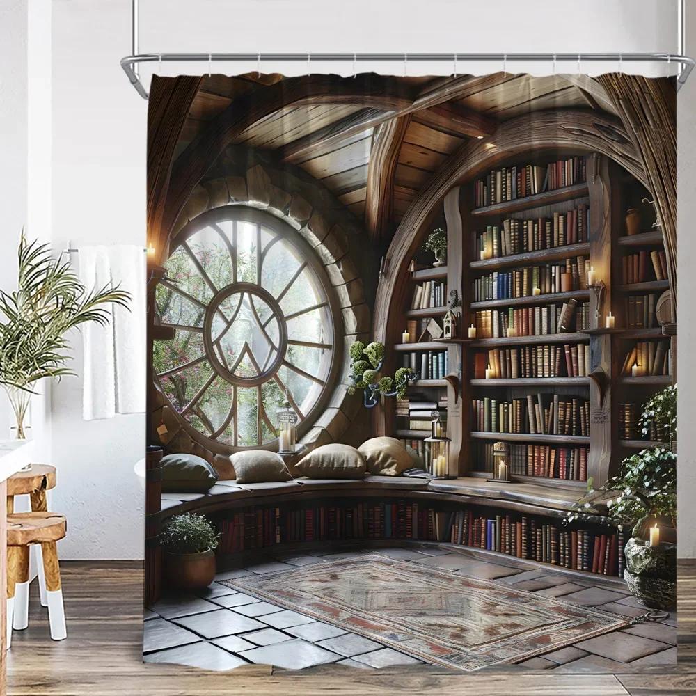 Vintage Library Shower Curtain Medieval Study Antique Castle Bath Decoration Study Theme Polyester Shower Curtain