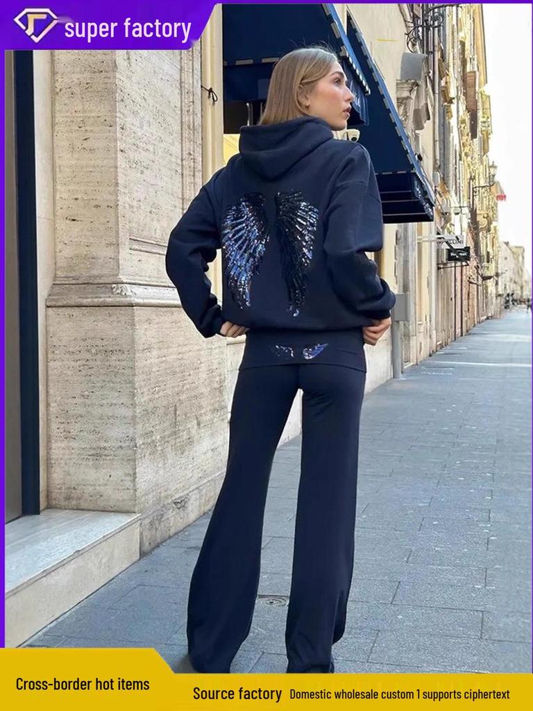 Europese & Amerikaanse Pailletten Vleugel Effen Kleur Dames Casual Set, 2026 Collectie