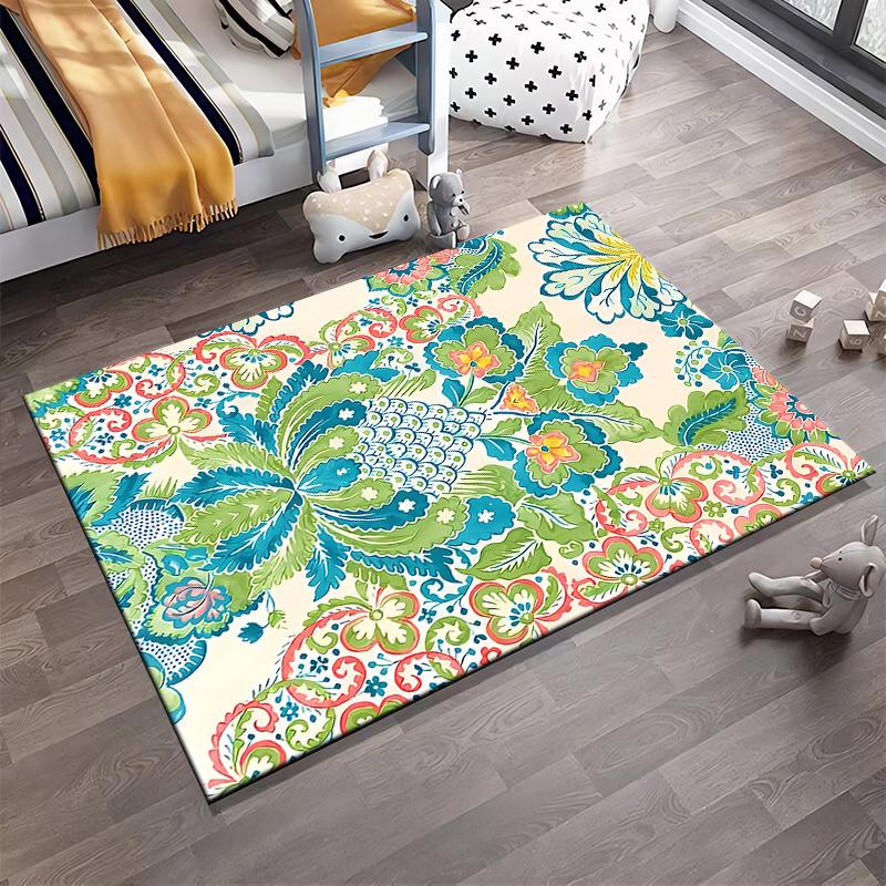 Floral Pattern Carpet with Vibrant Green Blue Red Design, Modern Style Suitable for Use As an Anti-slip for Living Room Bedroom Sofas