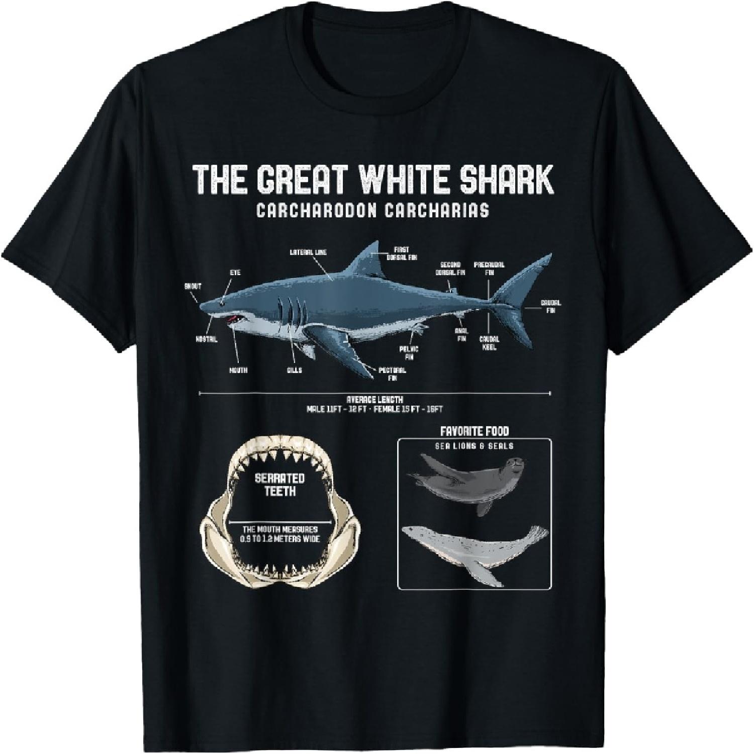 Футболка с анатомией большой белой акулы - Футболка для морского биолога акул S