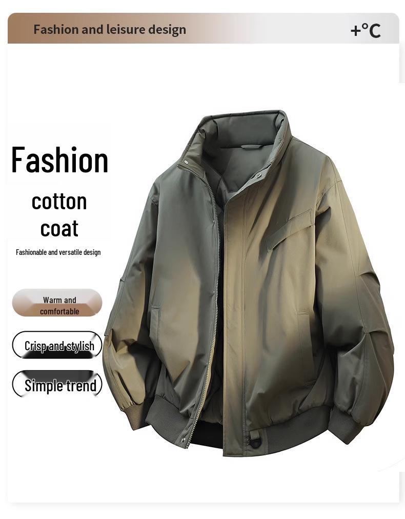 Męska pikowana kurtka robocza w stylu amerykańskim, bawełniana - kołnierz stojący, ciepła, pogrubiona, luźny krój, jednolity kolor, odzież wierzchnia jesień/zima.