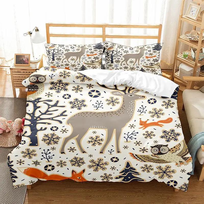 Christmas Elk Duvet Cover Set King Queen Full Twin Size Soft Christmas Trees Snowflake Decor Holiday Bedding Set Comforter Cover