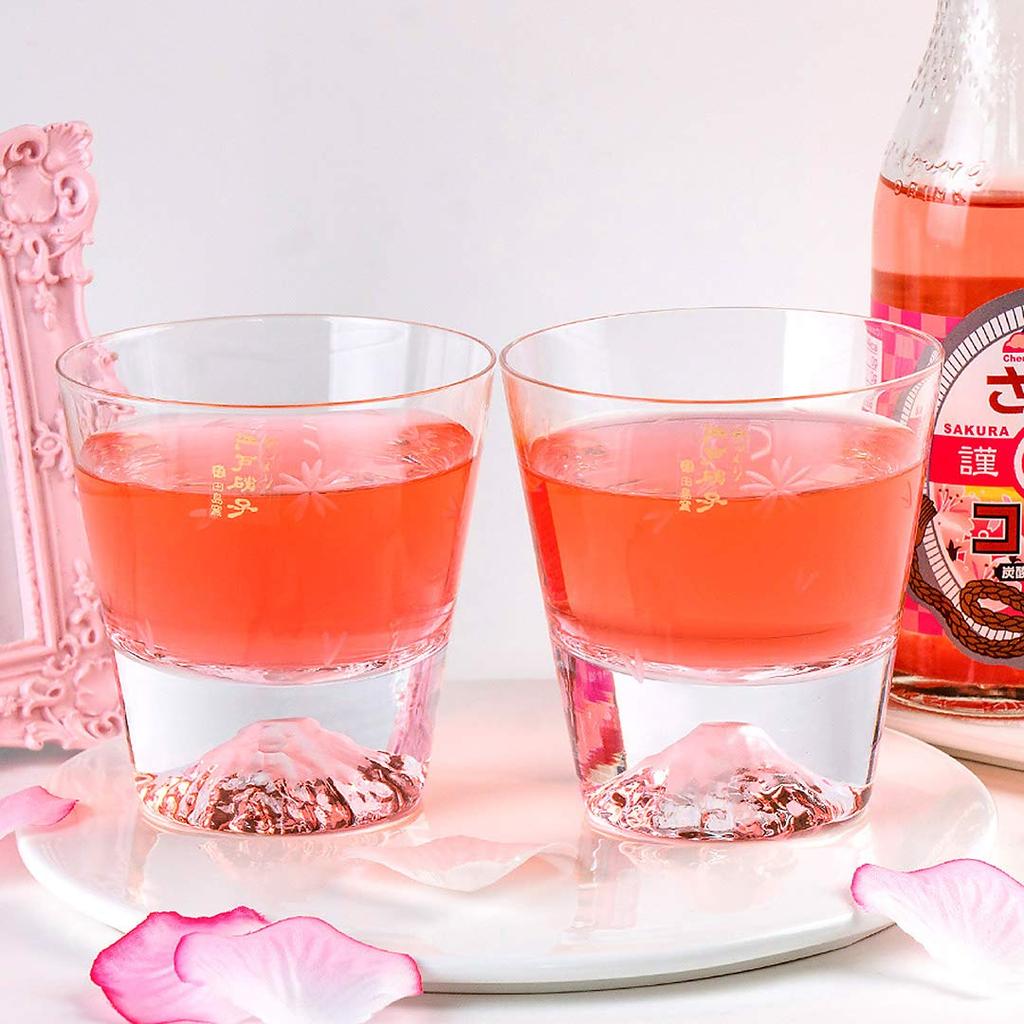 Fuji Tajima Glass Sakura Rocks Glasses x 2 Pair Set Grand Prix Edo Edo 60th Overseas Celebration Made in Paulownia Wood Includes Views of Mount Fuji x