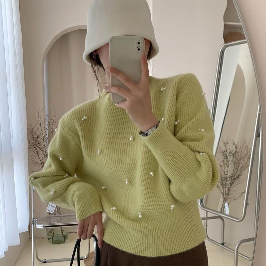 Womens Solid Round Neck Beaded Knit Sweater Loose Fit Cozy Pullover Top