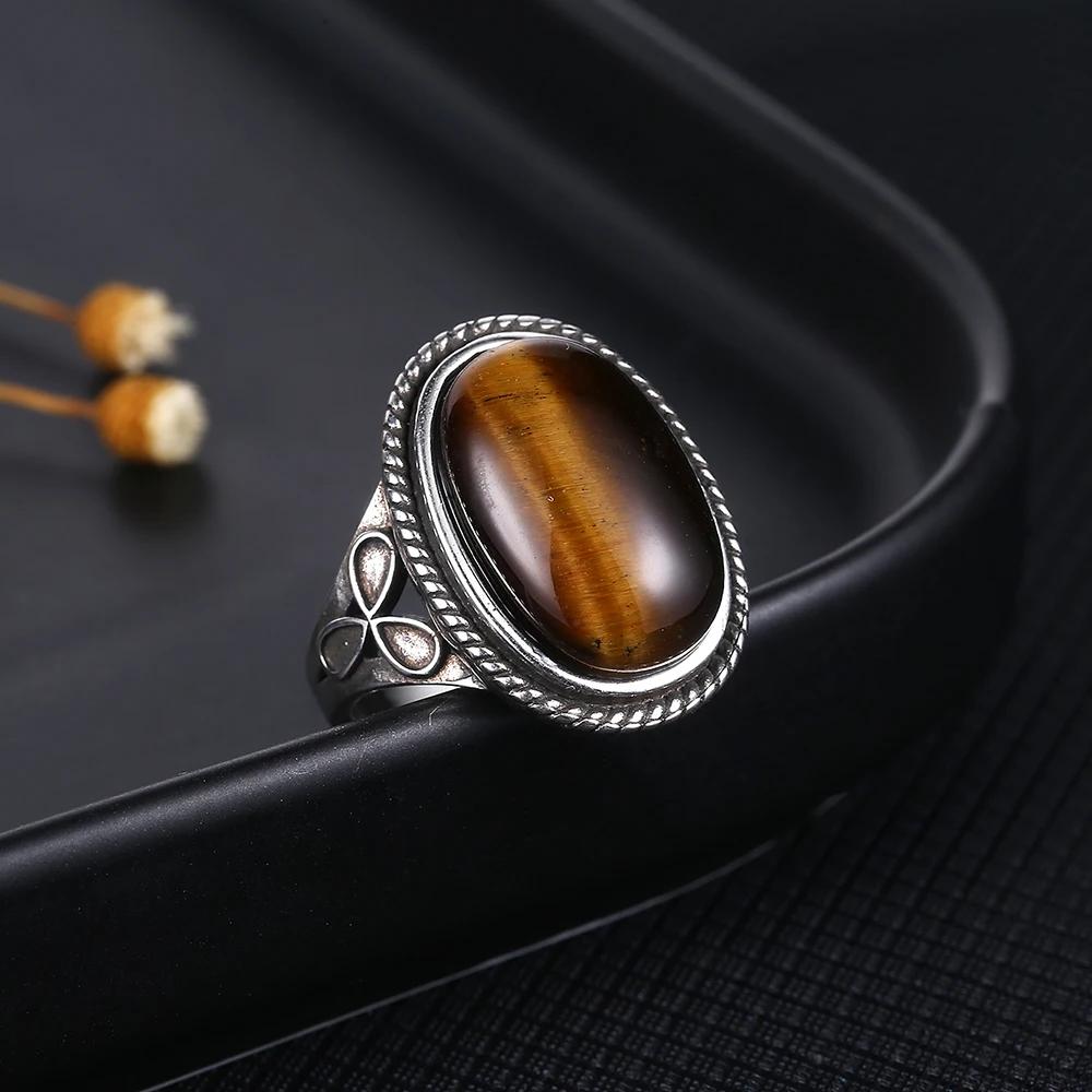 S925 Sterling Silver Retro Natural Labradorite Flower Rings Jewelry Silver Large Tiger Eye Engagement Wedding Gift for Women