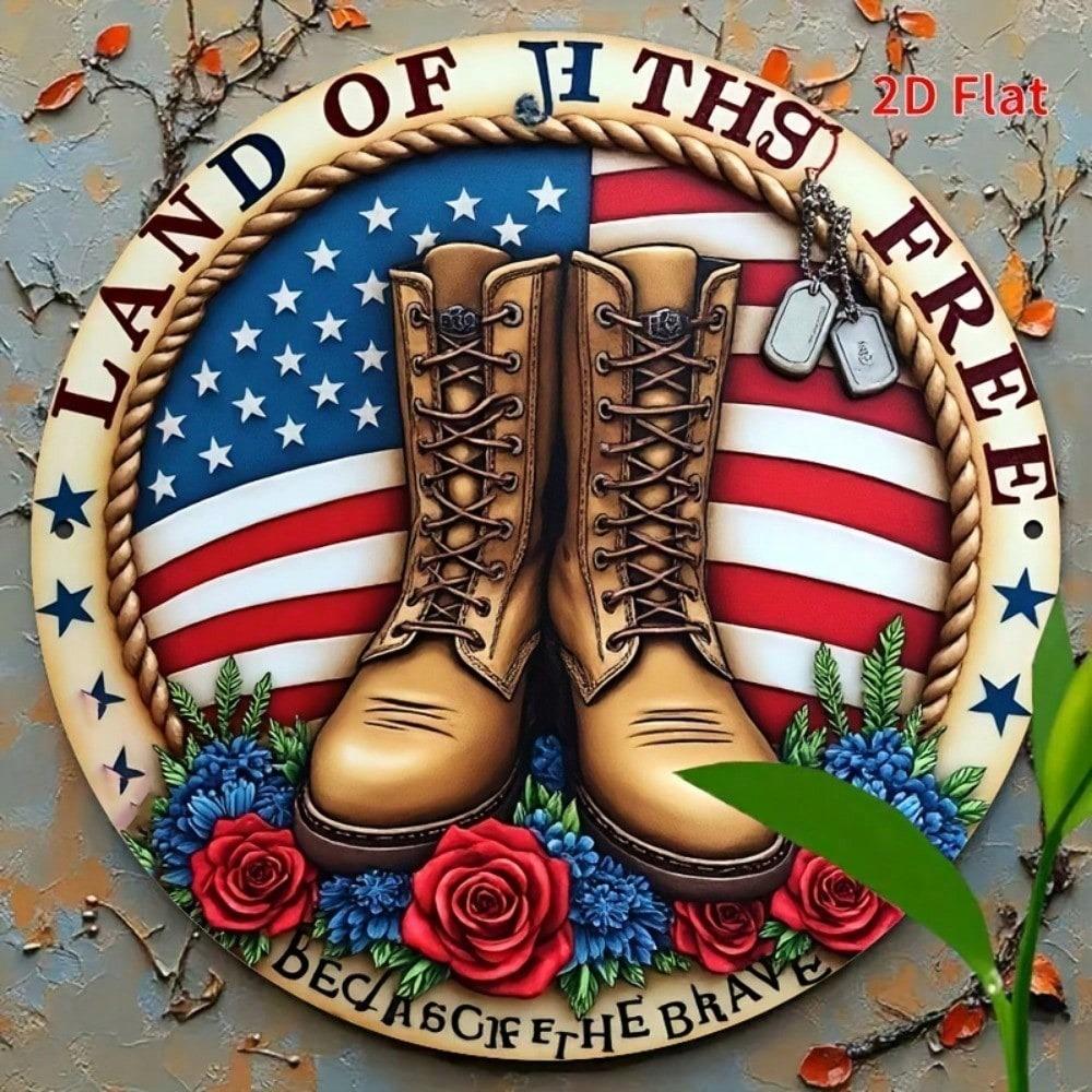 Funny Patriotic Metal Plaque, Land Of The Free Aluminum Sign With Boots & Flags, Ironic 2D Flat Yard Decor For Home Patio, 7.87x