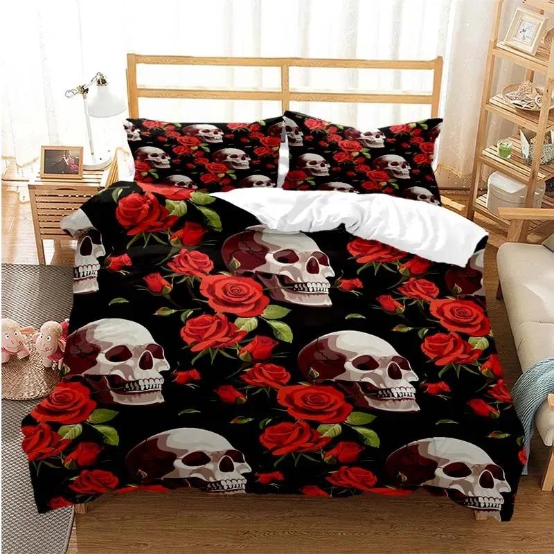 Socker Skalle Påslakanset Queen Size Blommor Skelett Sängkläder Dubbelt Sängklädesset Med Örngott King Size Skalle Täcke