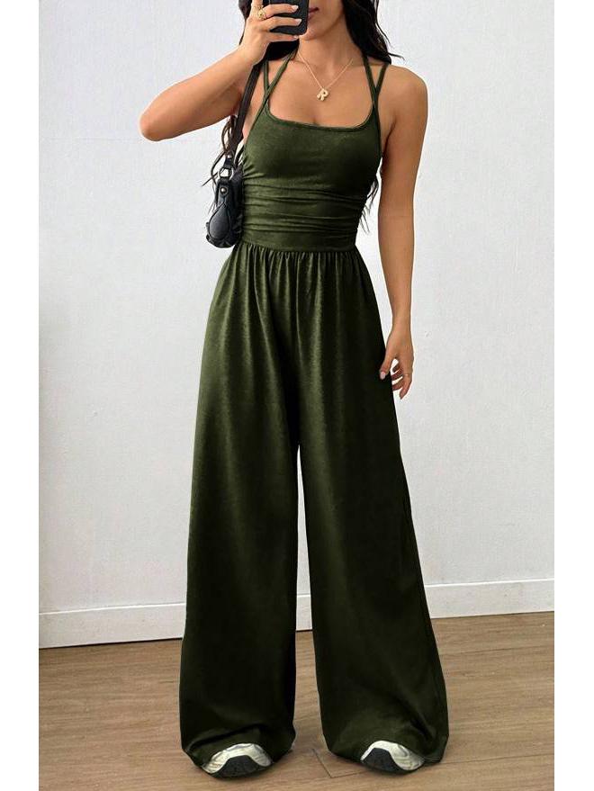 Women's European & American Casual Summer Spaghetti Strap Bandeau Jumpsuit - Solid Color, Wide Leg, Loose Fit