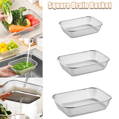 Ins Square Drain Basket Stainless Steel Thickened Rice Washing Basin Hollow Out Sundries Organizing Baskets