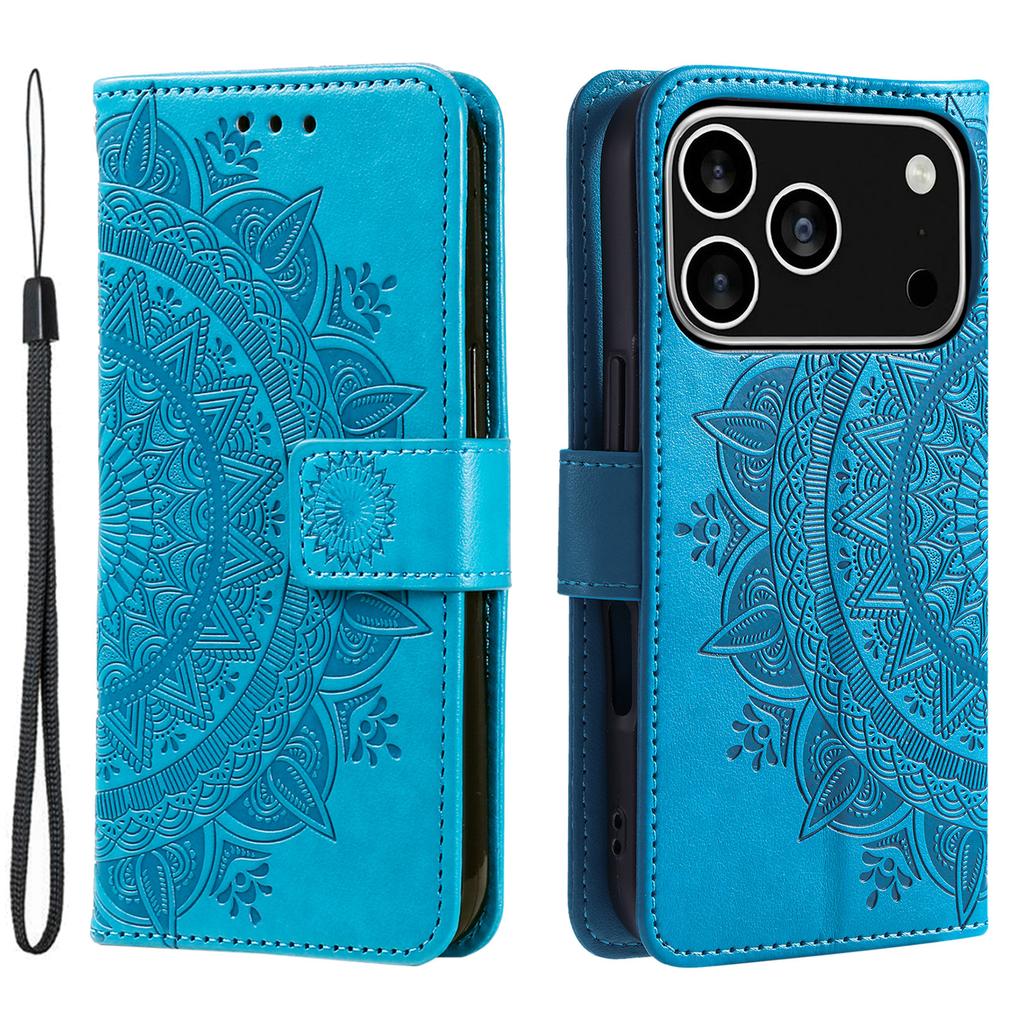 For iPhone 17 Pro Stand Case Imprinted Totem PU Leather Wallet Phone Cover with Wrist Strap