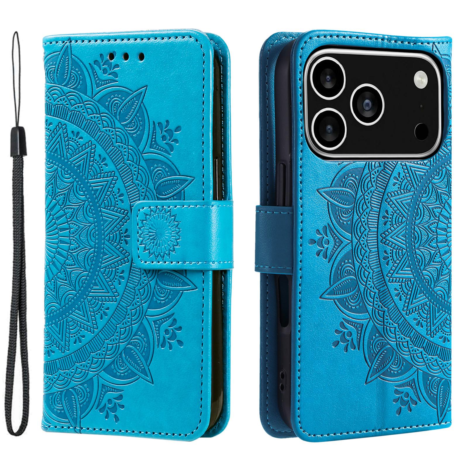 

For iPhone 17 Pro Stand Case Imprinted Totem PU Leather Wallet Phone Cover with Wrist Strap Blue