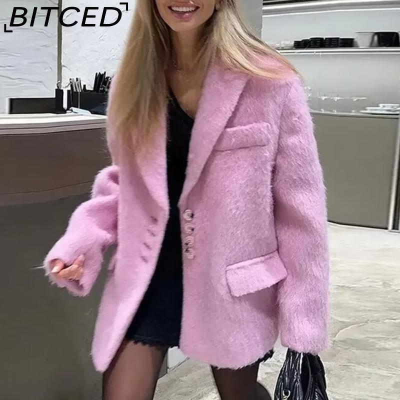 BITCED Fashionable Oversized Collar Wool Fleece Coat for Women Spring/Fall Single-Breasted Long-Sleeve Elegant Coat