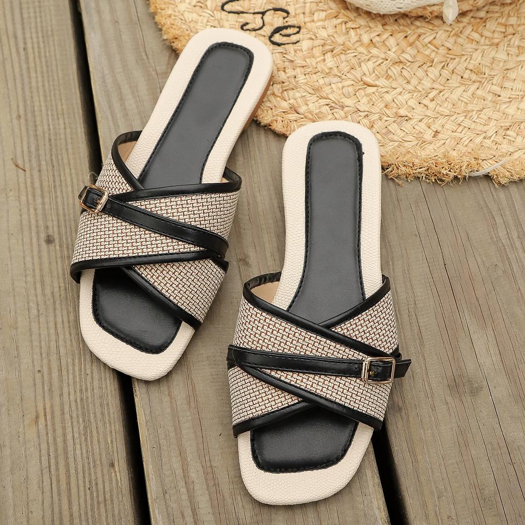 Summer women's cross belt buckle flat casual beach slippers