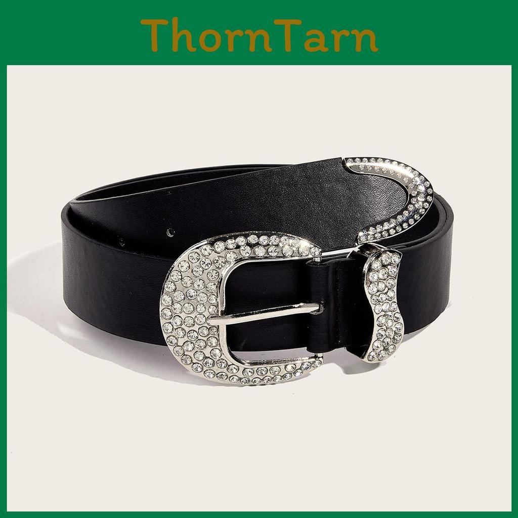 Black Vintage Decorative Rhinestone Belt Woman's Retro Style Alloy Buckle Personality Belt