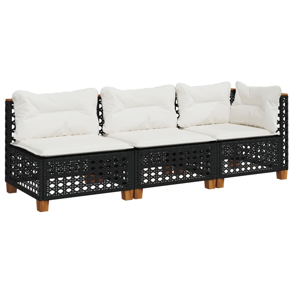 Garden Sofa with Cushions 3 Seater Black Poly Rattan