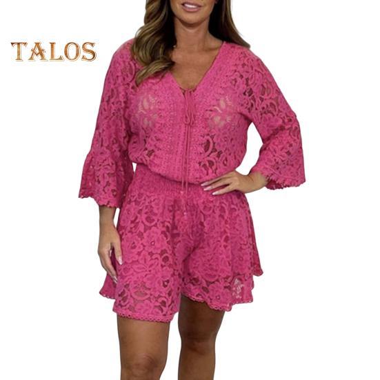 

2 шт./компл., женский топ, шорты, комплект, ажурное кружево, цветочная вышивка, V-образный вырез, шнурок, рукава три четверти, эластичная высокая талия, свободные свидания, поездки на работу 3XL розовый