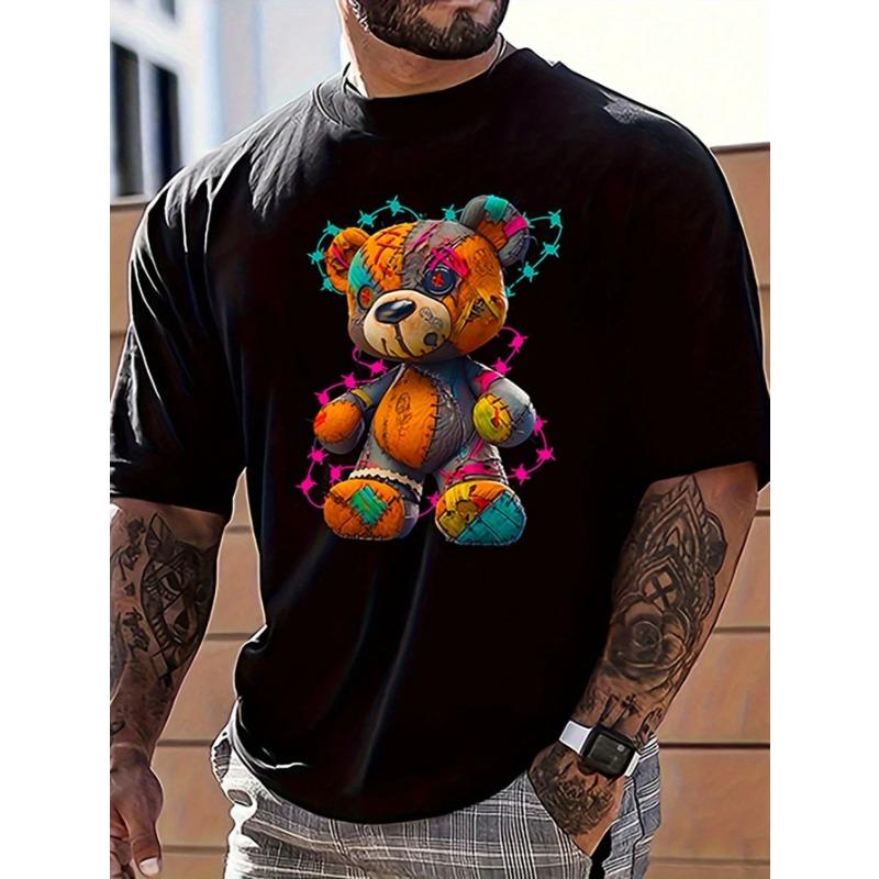Men's Summer 100 Cotton Fashionable Casual Sports Loose Large Cartoon Teddy Bear Pattern Printed Round Neck Short Sleeve T-shirts