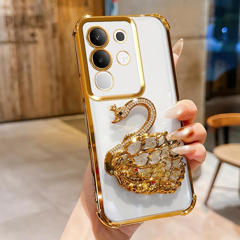 KEYSION Shockproof Plating Phone Case for VIVO Y29 4G Clear Soft TPU Glitter Jewelled Swan Kickstand Back Cover for IQOO Z10X 5G