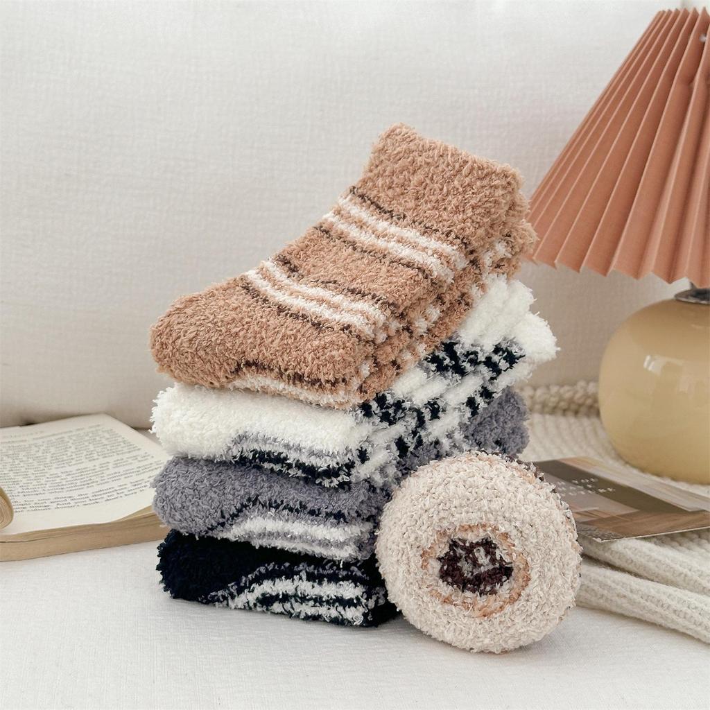 Non-Shedding Ladies Coral Fleece Striped Sleep Socks - Soft Home Slipper Socks