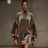 New Arrival Women's Elegant Stand Collar Velvet Lace Patchwork Long Sleeve Dress, Casual Fashion Party Dress for Women European American Style