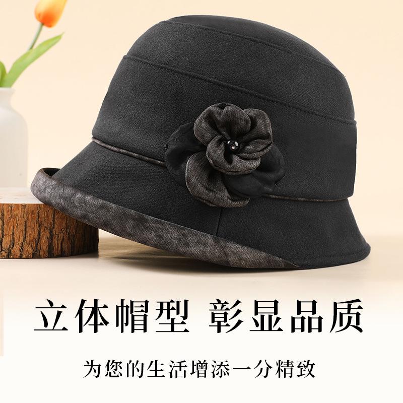 Autumn and Winter Women's Hats Fashion Flowers Elderly Pot Hat Thickened Warm Elderly Hat Mother Bucket Hat