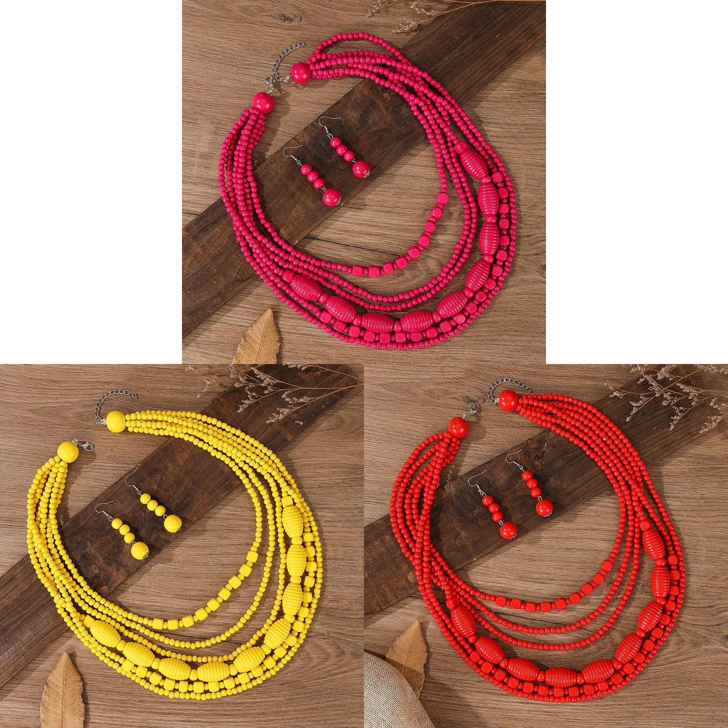 Set di Collana e Orecchini in Perline di Legno Geometriche Bohemien per Feste