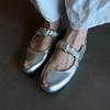 Sheepskin Version~ Silver Versatile Round Head Flat Shoes Women's Pleated One-word with Light Mouth Leather Casual Mary Jane Single Shoes