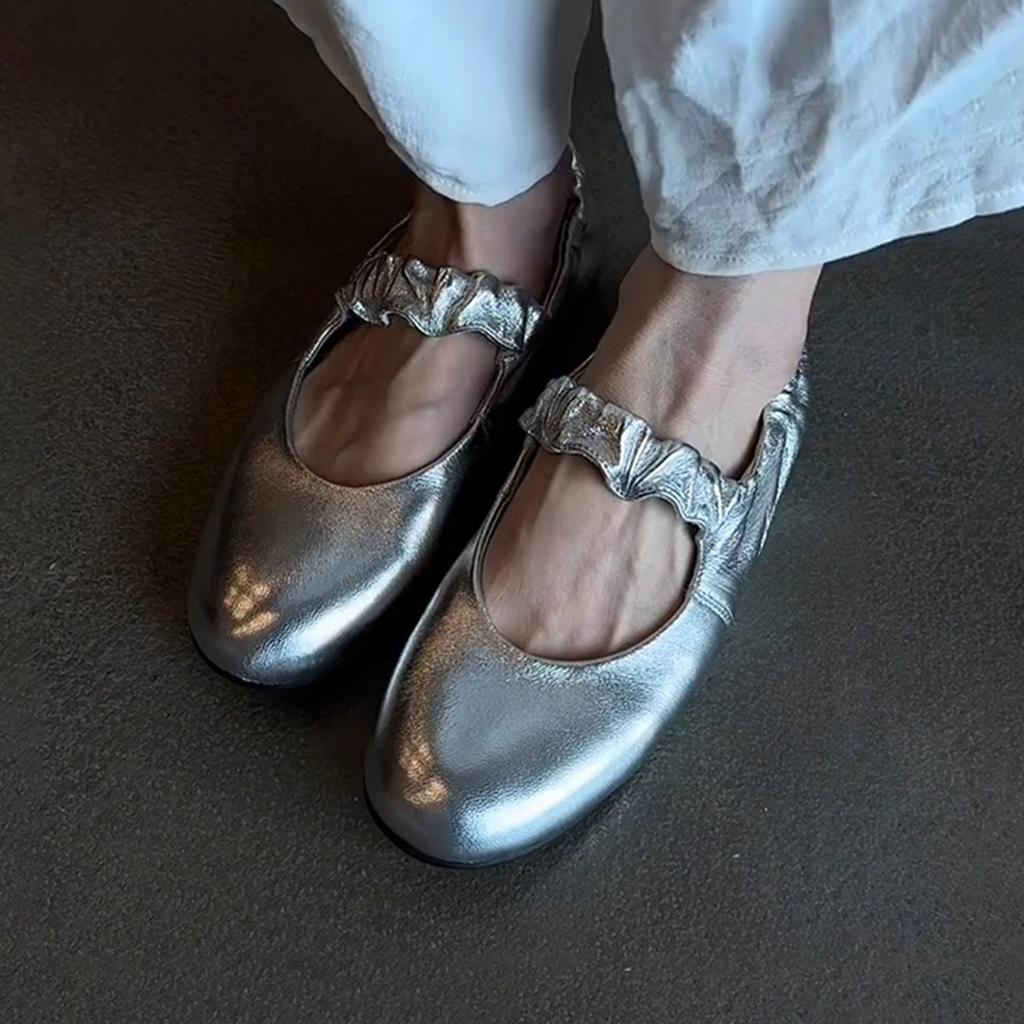 Sheepskin Version~ Silver Versatile Round Head Flat Shoes Women's Pleated One-word with Light Mouth Leather Casual Mary Jane Single Shoes