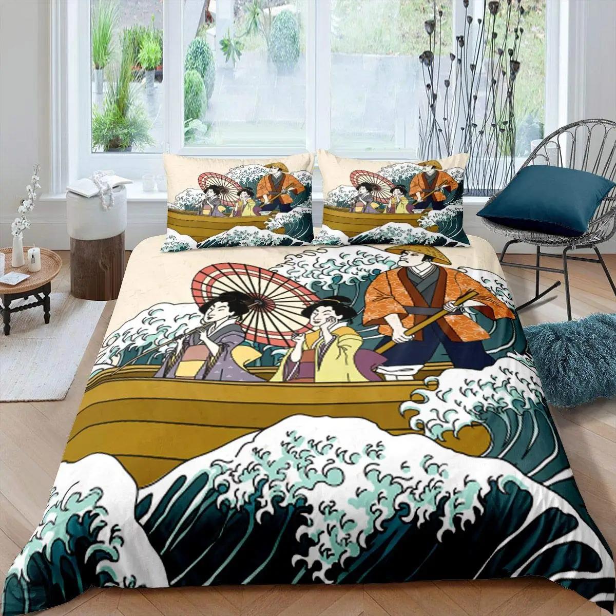

Japanese Style King Quen Soft Duvet Cover Koi Fish Chery Beding Set Ukiyo-E Geisha Comfortable Quilt Cover Sun Crane Polyester Warm Comforter Cover 135*200cm Eu-Single