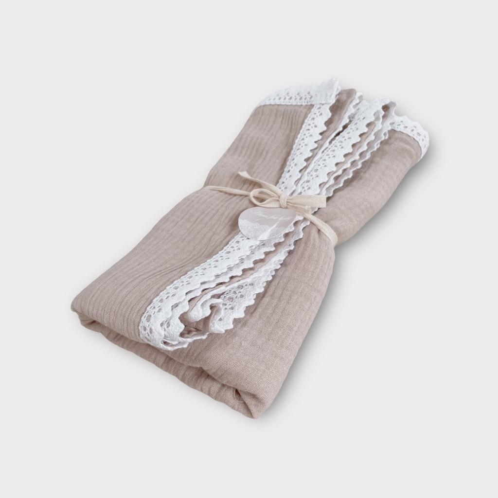 Muslin Blanket 100x75 with Lace, Pastel Beige