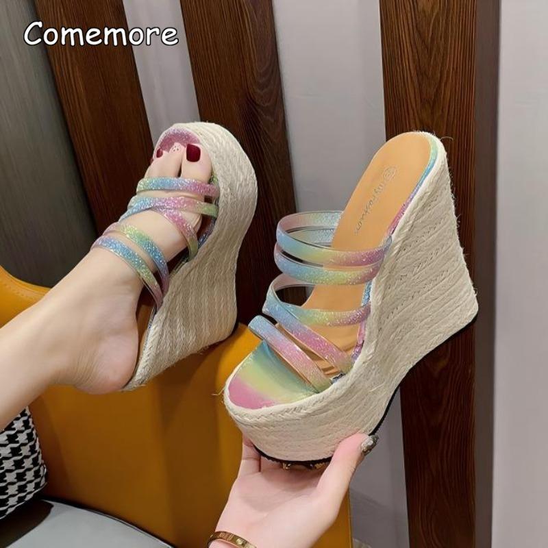 Modische Keilabsatz Hausschuhe 15CM Plateau Schuhe Sommer Strand Schuhwerk Damen Glitzer Riemen Lässige Pantoletten Pantuflas Mujer