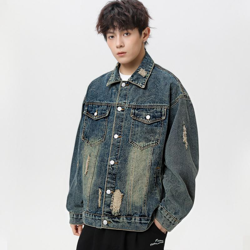 American Retro Yellow Mud-dyed Jacket for Men in Autumn New Casual Workwear Jacket Distressed Washed Denim Jacket