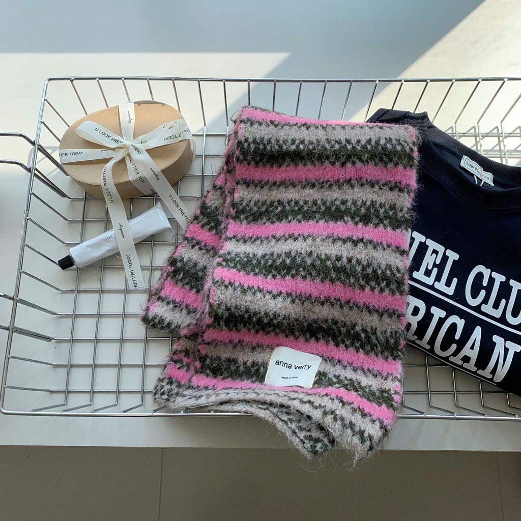 Color Striped Knitted Scarf Women's Autumn and Winter Korean Version of High-end Atmosphere Versatile Thickened Warm Scarf Student