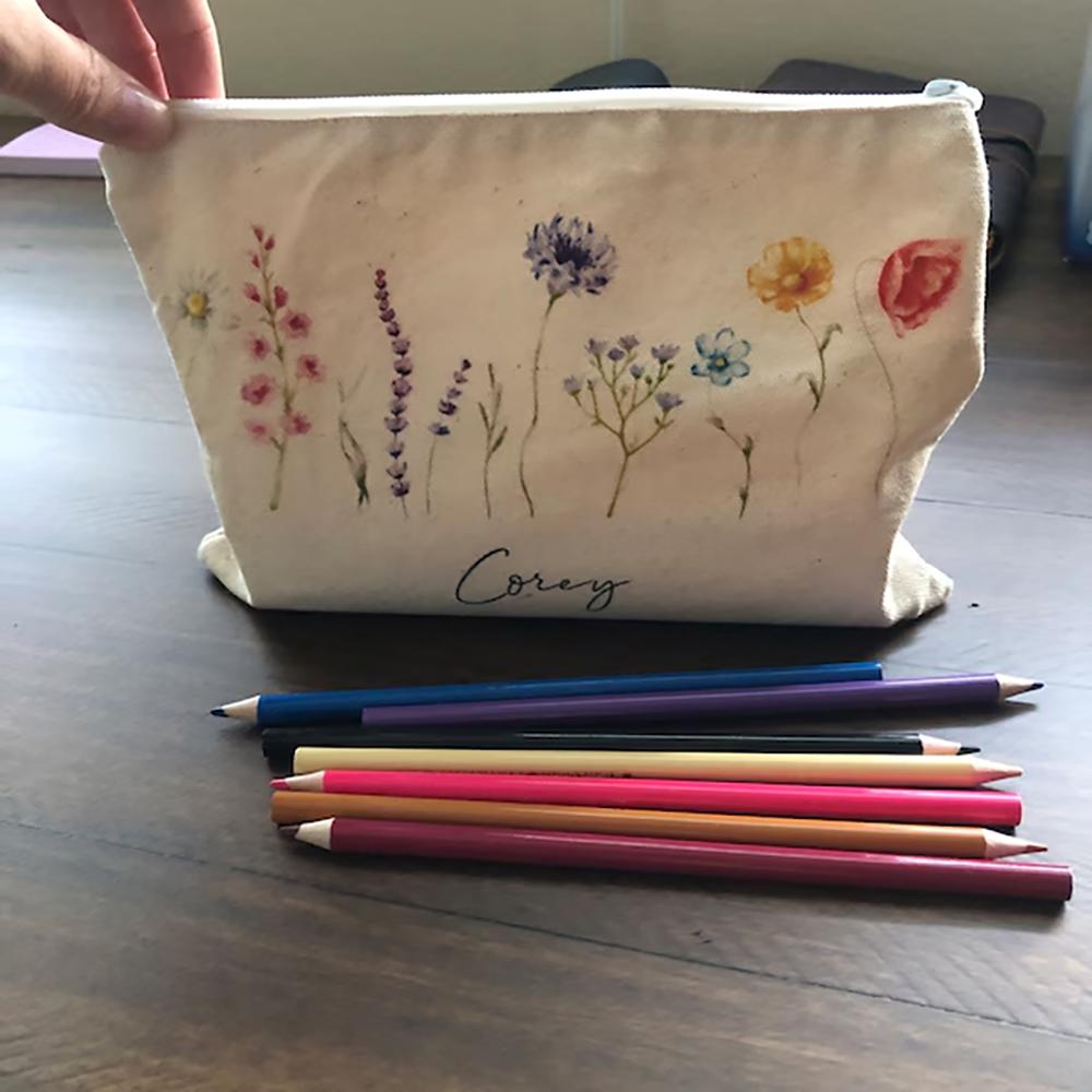 Personalised Wild Flower Canvas Makeup Bag Gift for Bridesmaids Mom Weddings Birthdays Everyday Use Pencil Case Back To School