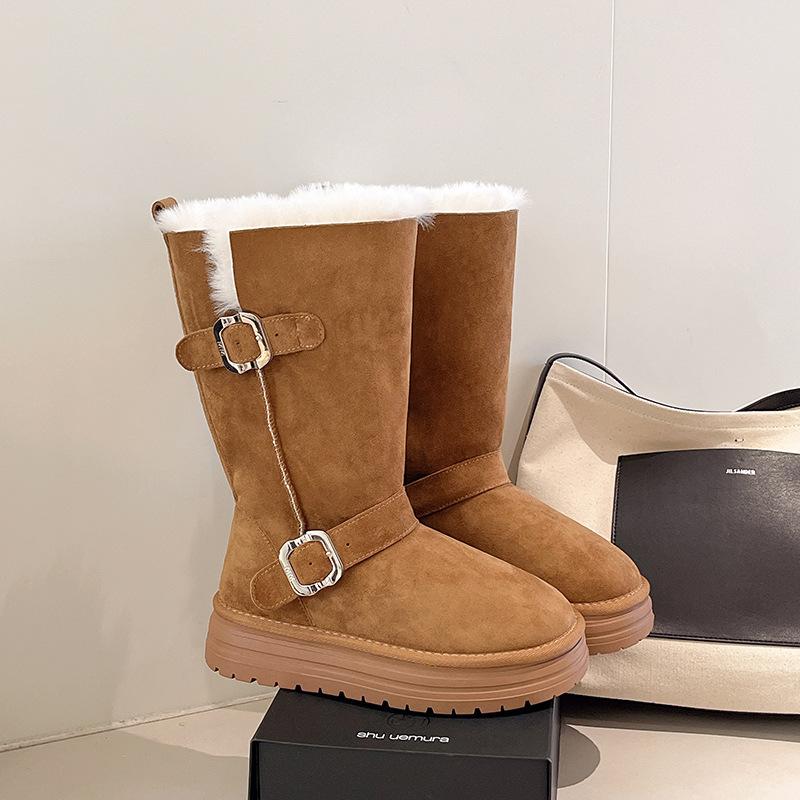 Faux Leather Snow Boots Women's Tall Tube New Winter Velvet Thickened Warm Medium Tube Non-slip and Cold-resistant Belt Buckle Women's Cotton Shoes