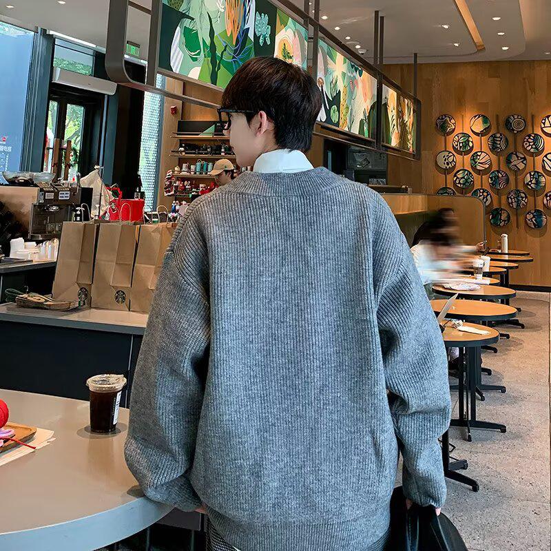 Autumn Winter 2025 Men's Casual Retro V-Neck Cardigan Sweater - Solid Color Knit Outerwear