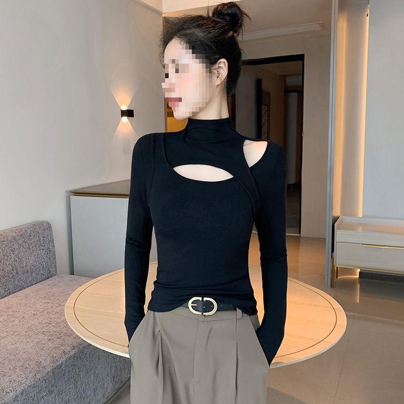 Women's Black Ribbed Slimming Semi-High Neck Knitted Top - Long Sleeve Autumn/Winter Fashion
