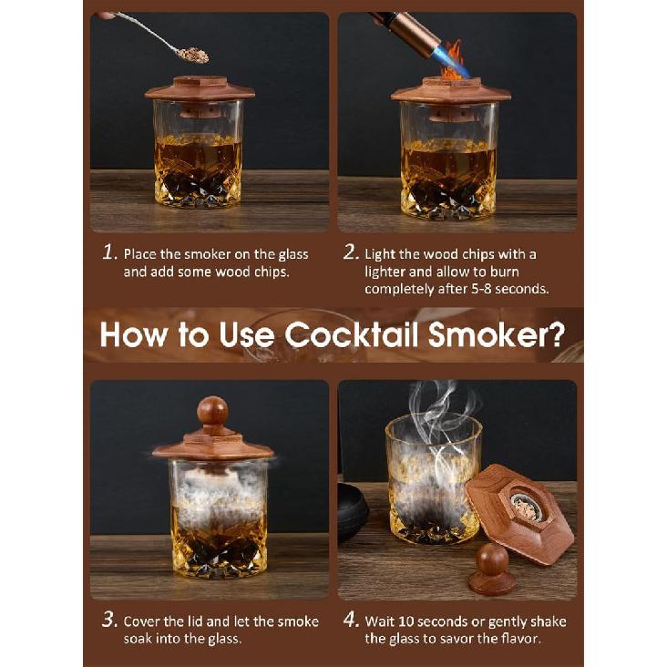 23Pcs Whiskey Smoker Kit with Torch-12 Wood Chips, Ice Ball Mold, Cocktail Smoker Infuser Kit, Old Fashioned Drink Smoker Kit, Birthday Bourbon
