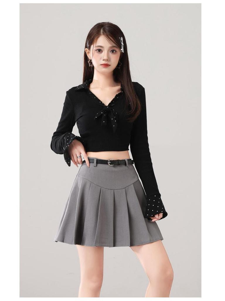 European & American Style Korean Pleated A-line Skirt with Belt - Anti-Exposure, Age-Reducing Short Umbrella Skirt.