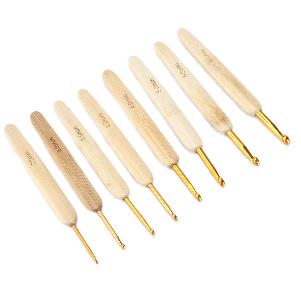 8pcs Crochet Hooks Alumina Needle Bamboo Handle Golden Weaving Tools for Handicraft Lovers