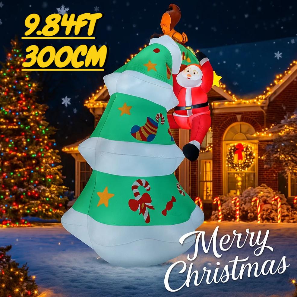 9.84FT Inflatable Toy Christmas Tree Decoration Set Santa Elf Penguin Xmas Yard Supplies LED Lit Xmas Home Ornament Festive Gift