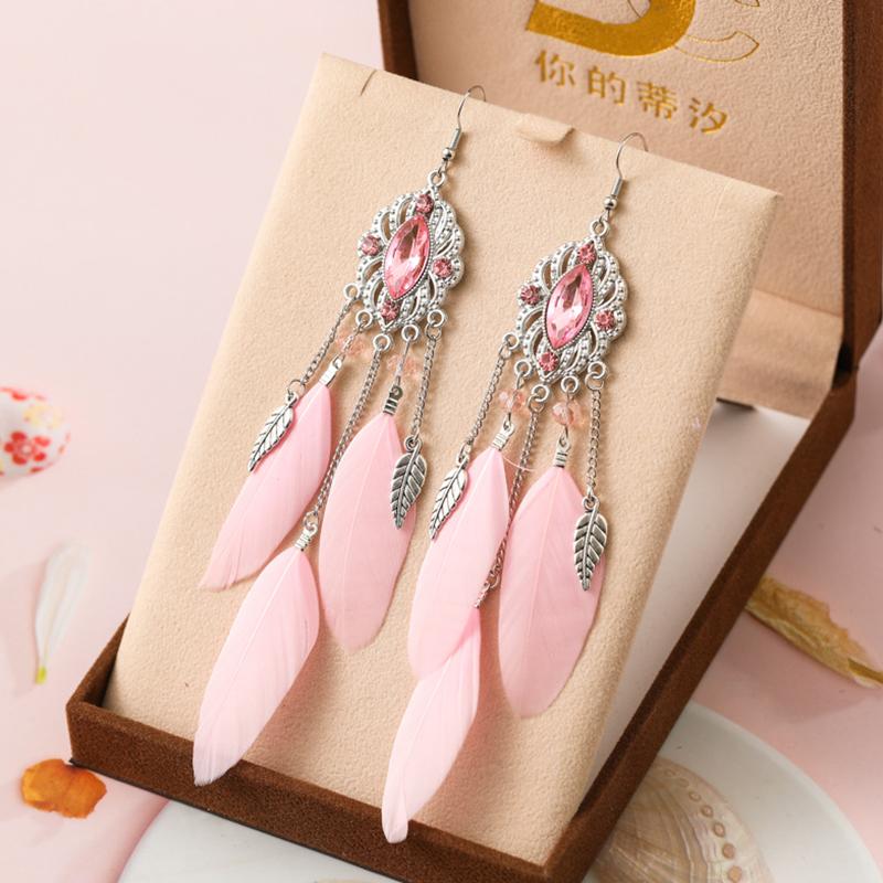 Fashion Temperament Bohemian Feather Earrings for Women Long Crystal Leaf Vintage Earring Female Wedding Party Jewelry