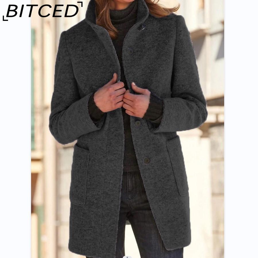BITCED Autumn/Winter Women's Vintage Solid-Color Button-Up Stand Collar Wool Coat
