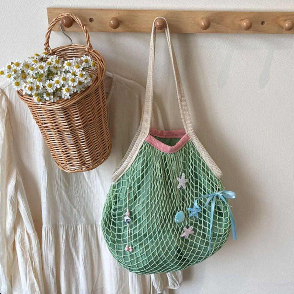 Portable Hollow Woven Shoulder Bag Korean Style Woven Grocery Bag Vacation Beach Bag  Swimming